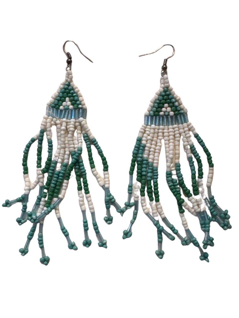 Handcrafted White and Teal Beaded Fringe Earrings